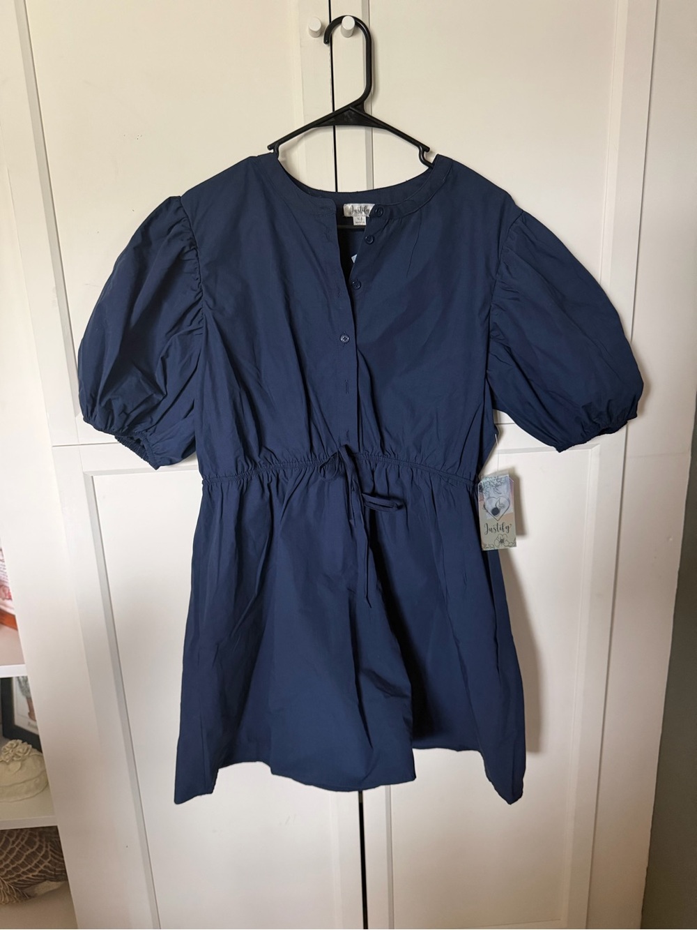 Justify Navy Puff-Sleeve Drawstring Dress